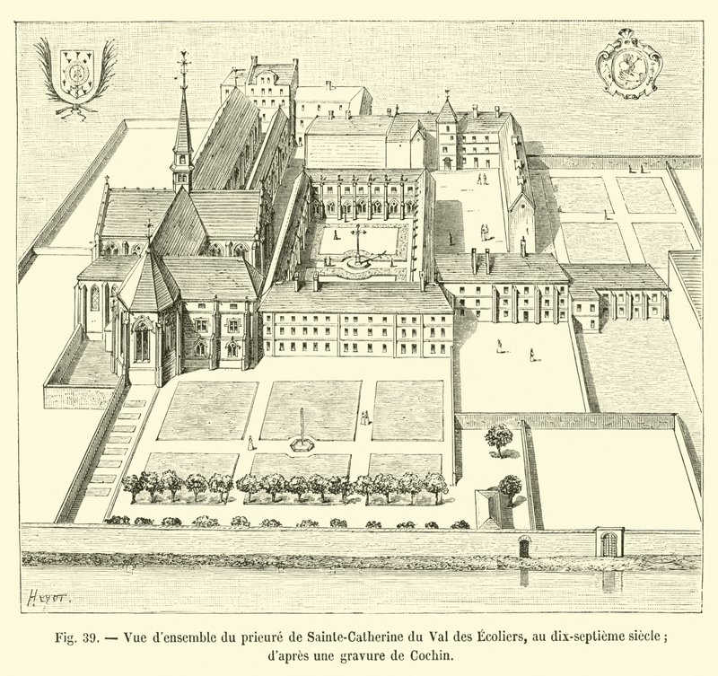 Gesamtansicht des Priorats von Sainte-Catherine du Val des Ecoliers im 17. Jahrhundert (nach einer Gravur von Cochin) von French School