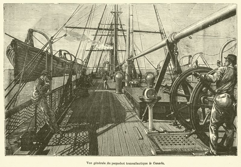 Gesamtansicht des transatlantischen Dampfers Kanada (Gravur) von French School