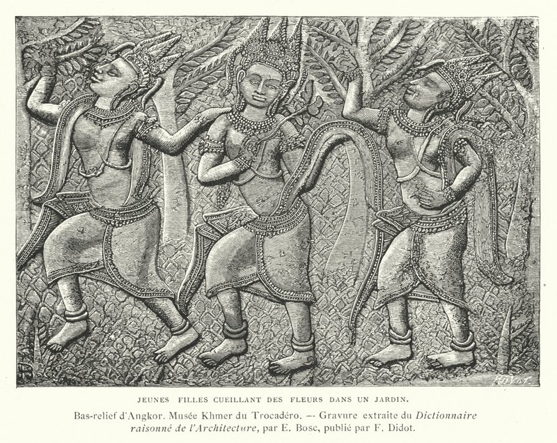 Junge Mädchen pflücken Blumen in einem Garten, Basrelief aus Angkor, Kambodscha (Gravur) von French School