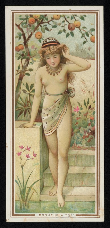 Junge Frau in einem Garten, Grußkarte von French School