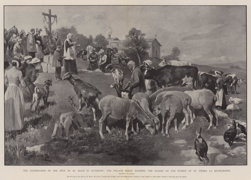 Die Feier des Festes von St. Roch in der Auvergne, der Dorfpriester segnet die Herden auf dem Gipfel von St. Pierre la Bourlhonne von G.S. Amato