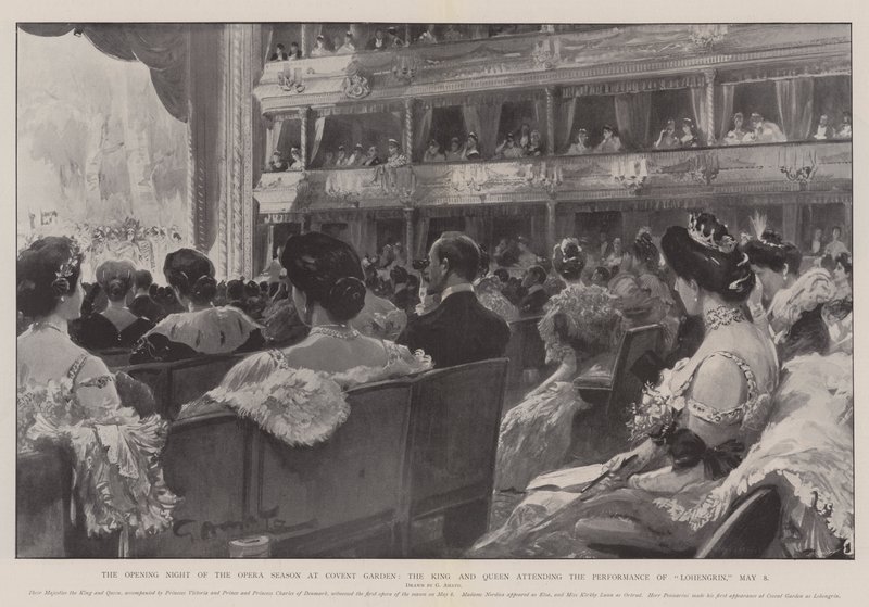 Die Eröffnungsnacht der Opernsaison im Covent Garden, der König und die Königin besuchen die Aufführung von Lohengrin von G.S. Amato