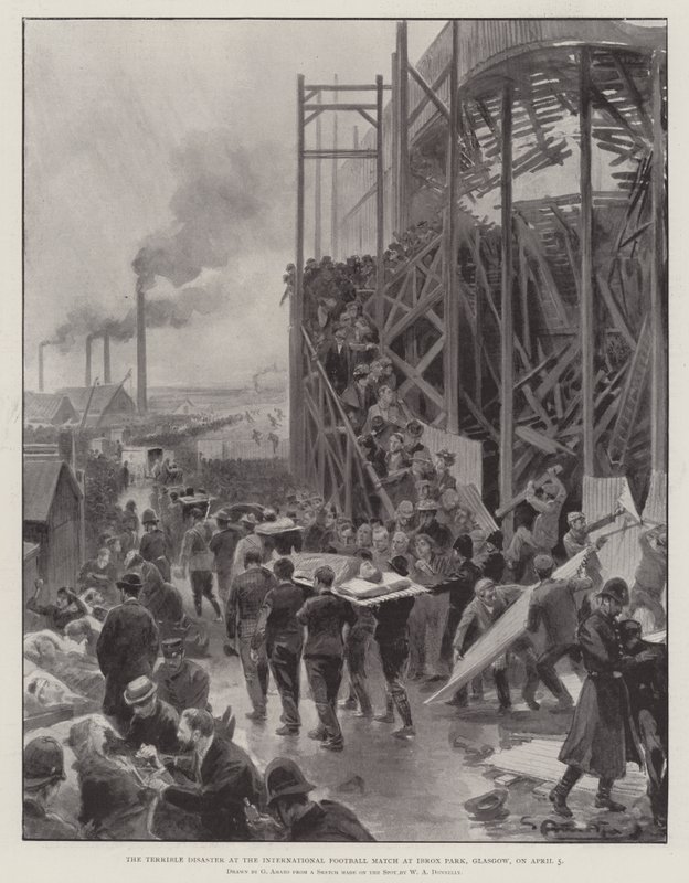 Das schreckliche Unglück beim internationalen Fußballspiel im Ibrox Park, Glasgow, am 5. April von G.S. Amato