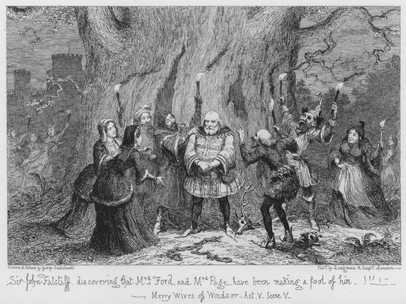 Sir John Falstaff entdeckt, dass Mrs. Ford und Mrs. Page ihn zum Narren gehalten haben von George Cruikshank