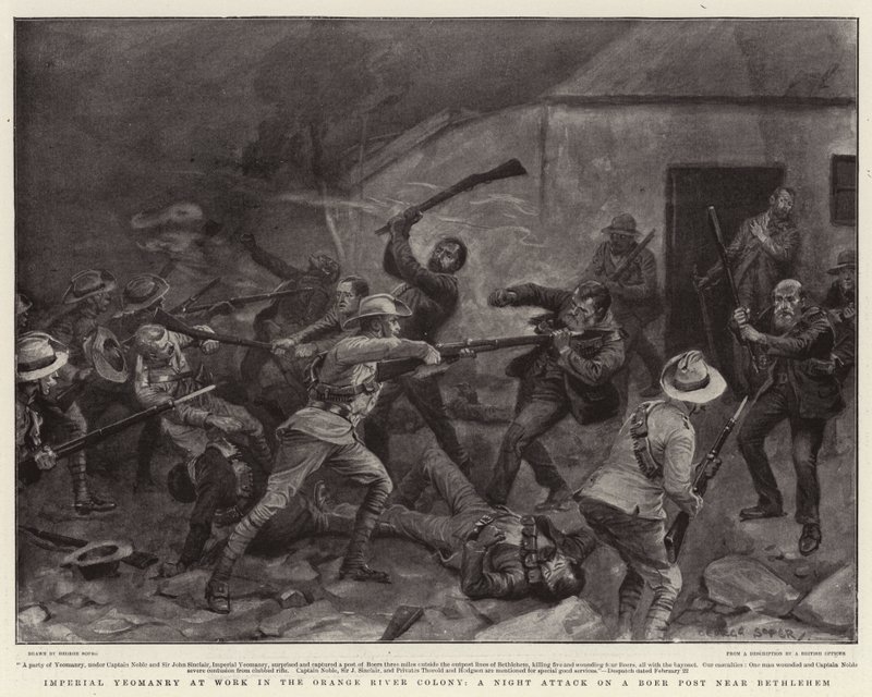 Imperial Yeomanry bei der Arbeit in der Orange River Colony, ein nächtlicher Angriff auf einen Burenposten in der Nähe von Bethlehem von George Soper