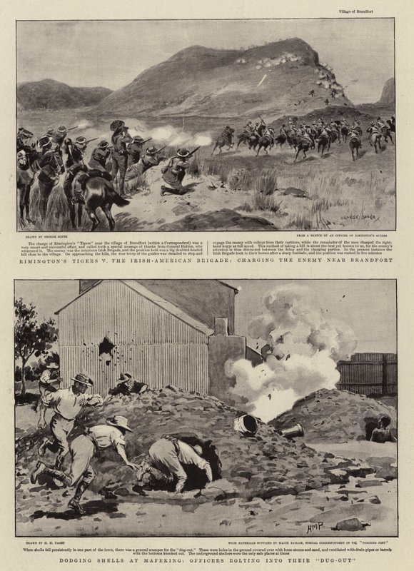 Rimingtons Tiger gegen die Irisch-Amerikanische Brigade, Angriff auf den Feind bei Brandfort, Ausweichen von Granaten in Mafeking, Offiziere flüchten in ihren Unterstand von George Soper