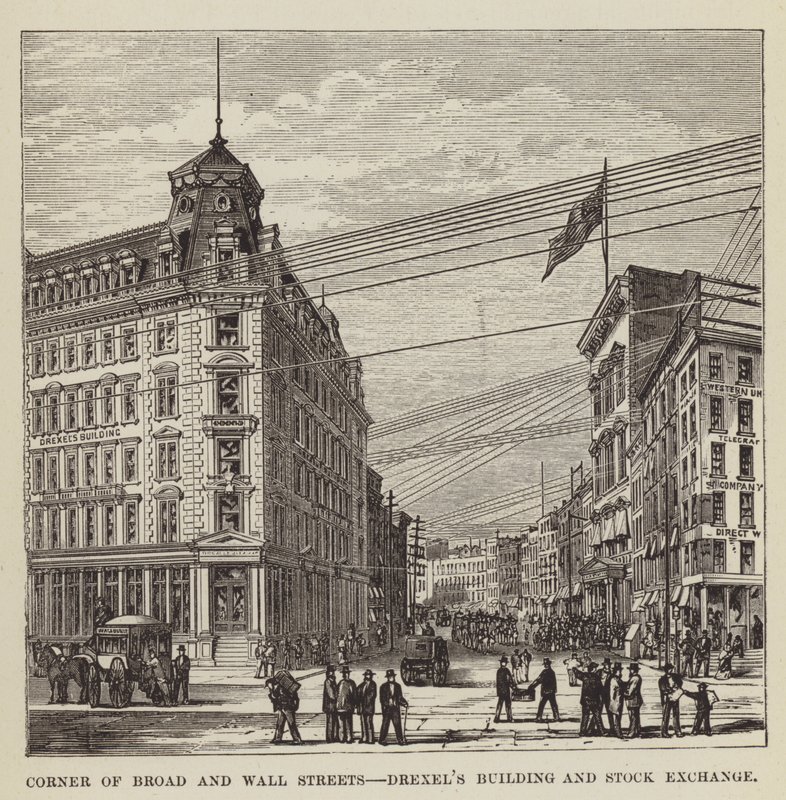 Ecke Broad und Wall Streets, Drexels Gebäude und Börse von George Augustus Sala