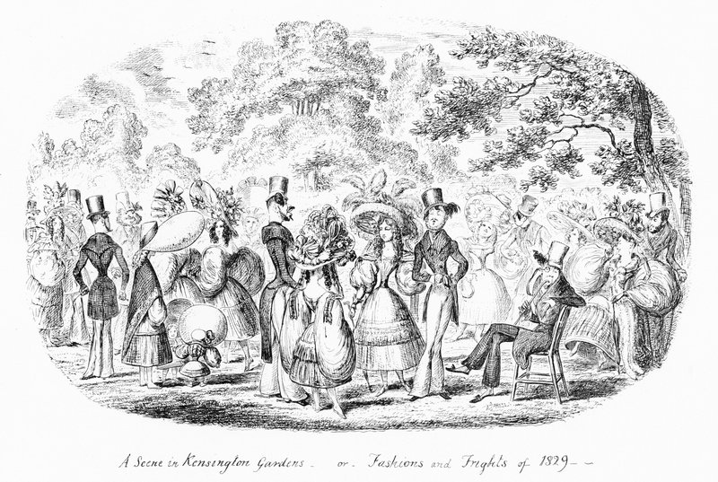 Eine Szene in den Kensington Gardens oder Mode und Schrecken von 1829 von George Cruikshank