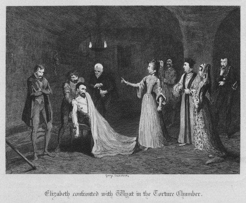 Elizabeth konfrontiert mit Wyat in der Folterkammer (Gravur) von George Cruikshank
