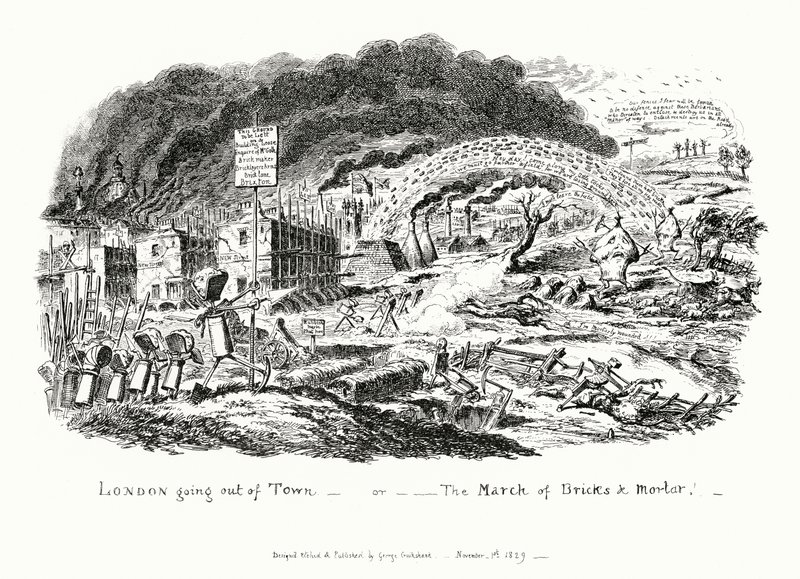 London zieht aus der Stadt, oder der Marsch der Ziegel und Mörtel (Gravur) von George Cruikshank
