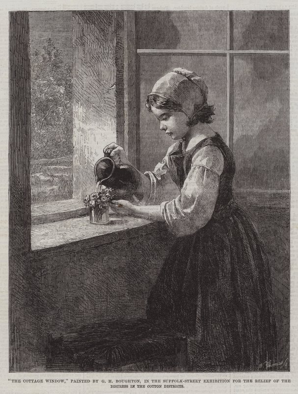 Das Cottage-Fenster, in der Suffolk-Street-Ausstellung zur Linderung der Not in den Baumwollbezirken von George Henry Boughton