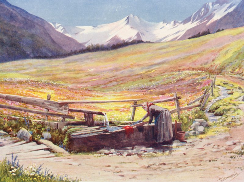 Frühe Juni-Felder jenseits von Praz de Fort im Val Ferret, unterstützt von der Gruppe du Grand Saint-Bernard et du Grand Golliaz (Farblithographie) von George Jackson Flemwell