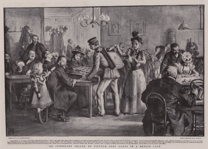 Ein Wanderverkäufer von Ansichtskarten in einem Berliner Café von George Percy Jacomb Hood