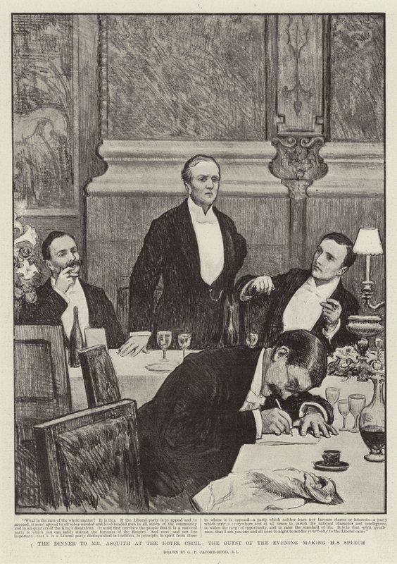 Das Abendessen für Mr. Asquith im Hotel Cecil, der Ehrengast hält seine Rede von George Percy Jacomb Hood