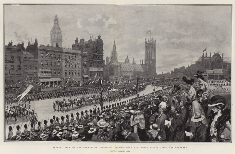 Gesamtansicht der Krönungsprozession, die nach der Zeremonie die Parliament Street hinunterzieht von Georges Bertin Scott