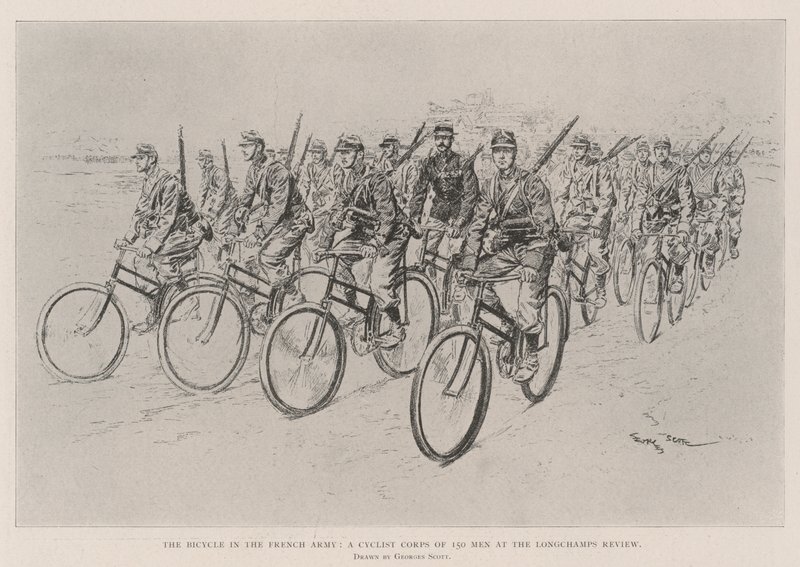 Das Fahrrad in der französischen Armee, ein Radfahrerkorps von 150 Männern bei der Longchamps-Überprüfung von Georges Bertin Scott
