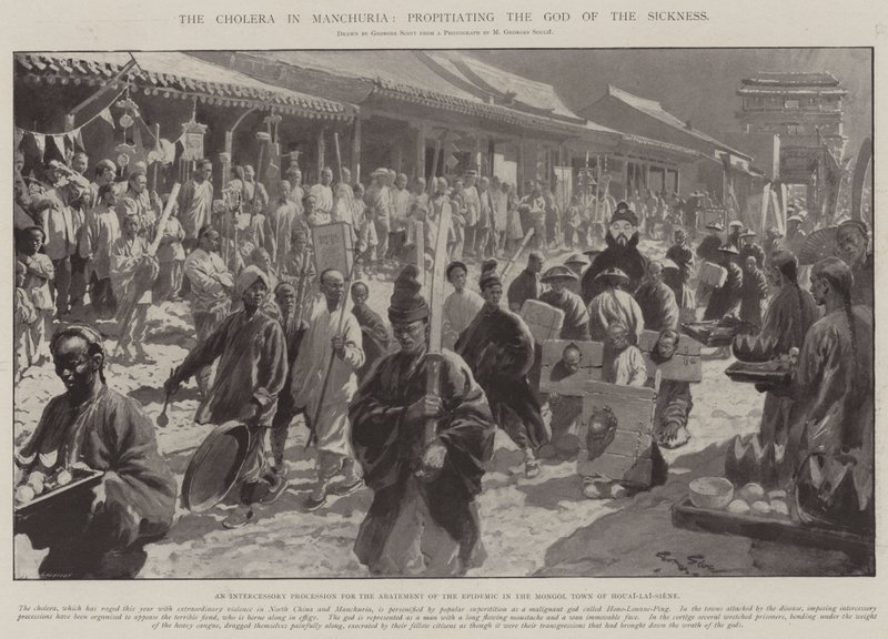 Die Cholera in der Mandschurei, Beschwichtigung des Gottes der Krankheit von Georges Bertin Scott