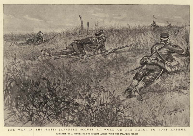 Der Krieg im Osten, japanische Späher bei der Arbeit auf dem Marsch nach Port Arthur von Georges Ferdinand Bigot