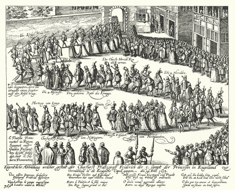 Hochzeitsprozession von Friedrich V., Kurfürst von der Pfalz, und Elizabeth Stuart, Tochter von König James I. von England, London, 1613 von German School
