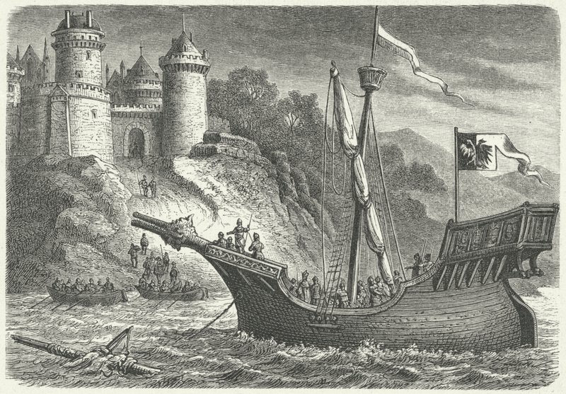 Ein Handelsschiff der Hanse (Gravur) von German School