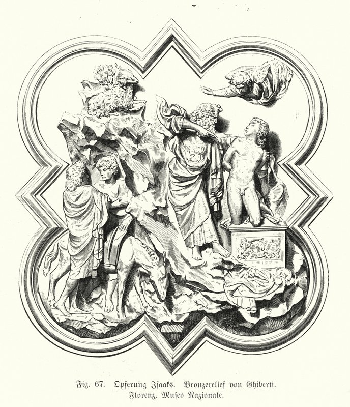 Abraham opfert seinen Sohn Isaak, Bronzereleif von Lorenzo Ghiberti (Gravur) von German School
