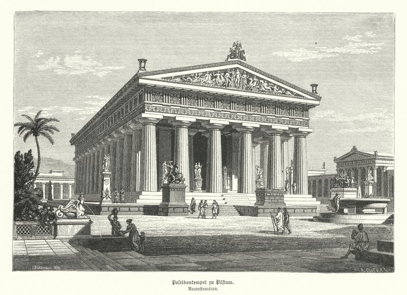 Antiker griechischer Tempel der Hera, Paestum, Italien, früher fälschlicherweise Poseidon zugeschrieben von German School