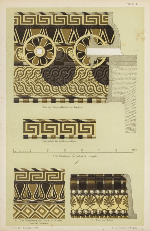 Antike griechische architektonische Dekoration (Farblithografie) von German School