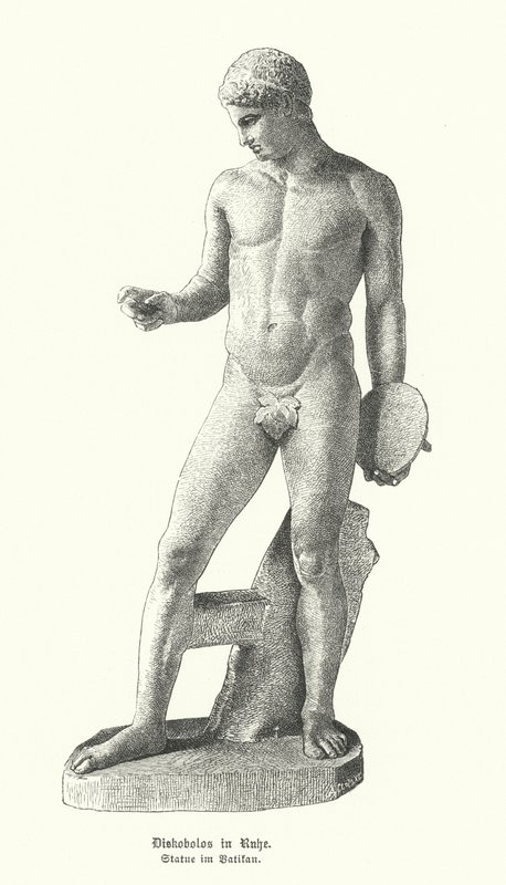 Antike griechische Statue eines Diskuswerfers in Ruhe von German School