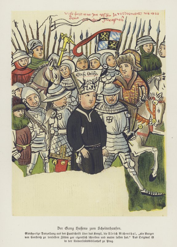 Der böhmische Reformator Jan Hus wird zu seiner Hinrichtung geführt, Konstanz, 6. Juli 1415 von German School