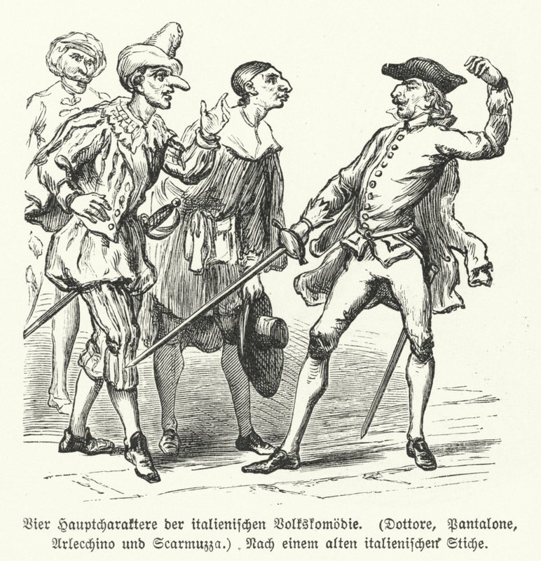 Dottore, Pantalone, Arlecchino und Scaramuccia, vier Charaktere aus der Commedia dell