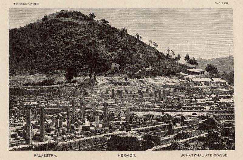 Ausgrabung der Stätte des antiken Olympia, Griechenland: die Palaestra, der Hera-Tempel und die Schatzhäuser (Gravur) von German School