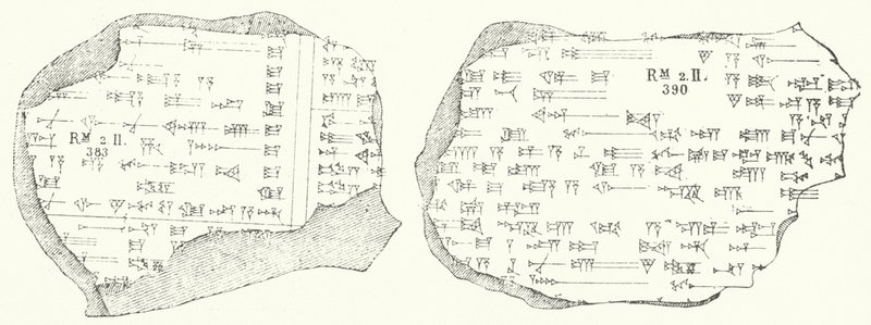 Fragmente babylonischer Keilschrifttexte auf zwei Tontafeln (Stich) von German School