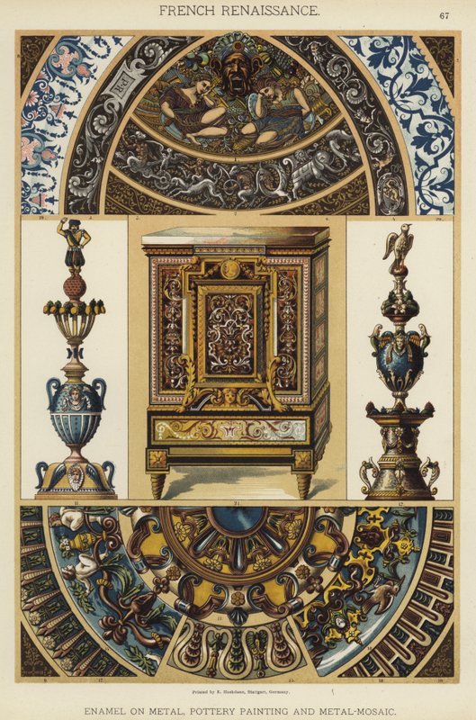 Französische Renaissance, Emaille auf Metall, Keramikmalerei und Metallmosaik von German School