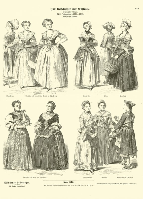 Französische und deutsche bürgerliche Frauenkostüme, spätes 18. Jahrhundert von German School