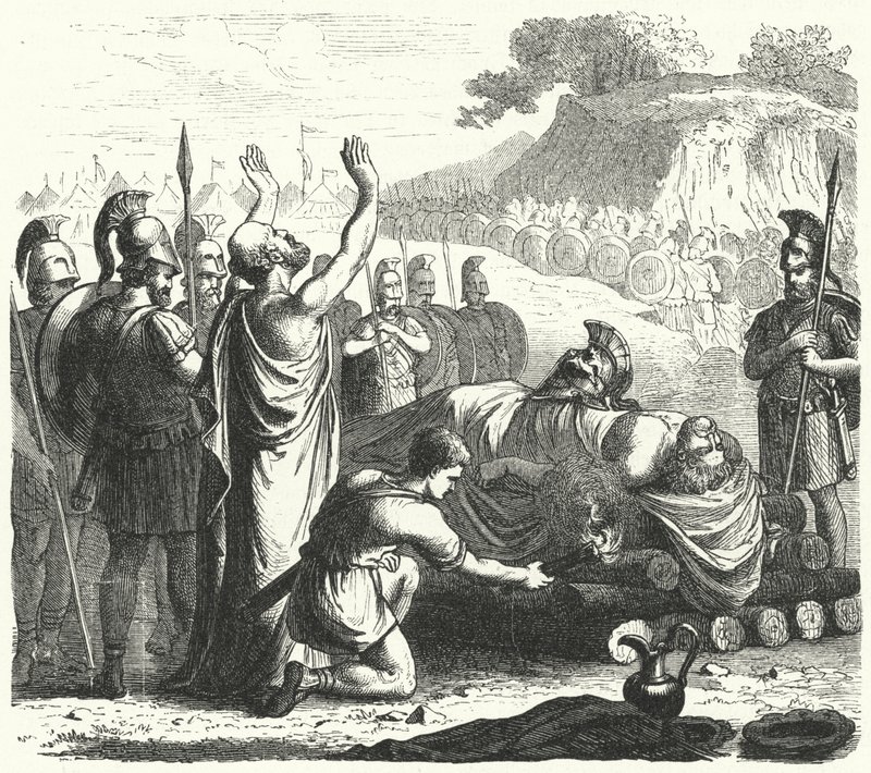Begräbniszeremonie nach der Schlacht von Koroneia, 394 v. Chr. (Gravur) von German School