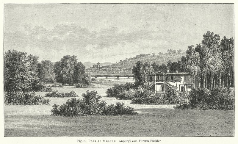 Gartengestaltung: Muskauer Park, Deutschland, angelegt von Fürst Hermann von Pückler-Muskau (Stich) von German School