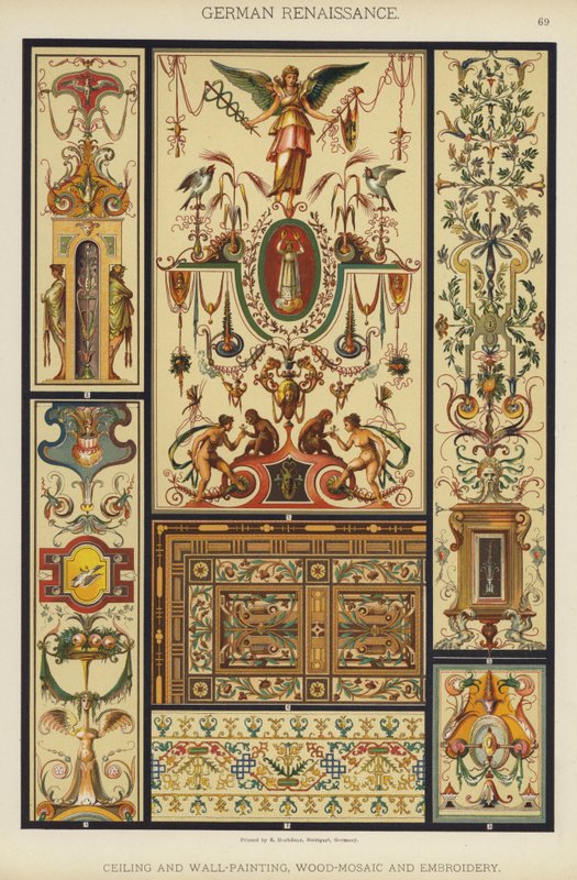 Deutsche Renaissance, Decken- und Wandmalerei, Holz-Mosaik und Stickerei von German School