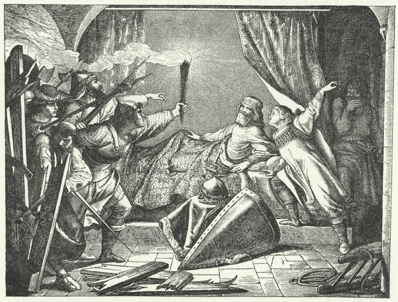 Hartmann von Siebenich verkleidet als Friedrich Barbarossa, um dem Kaiser die Flucht aus Susa, Italien zu ermöglichen von German School