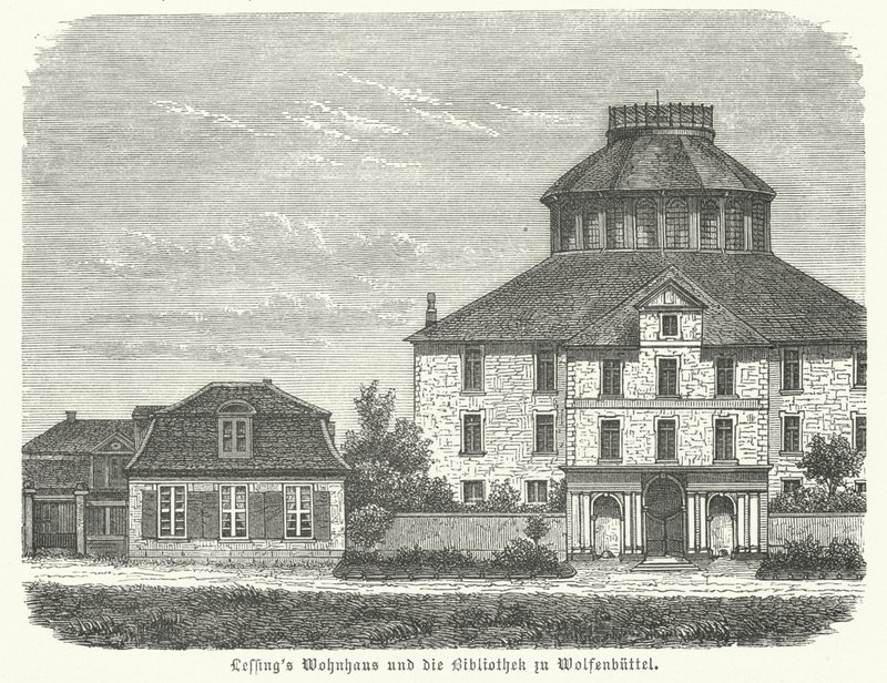 Heim des deutschen Philosophen und Dramatikers Gotthold Ephraim Lessing und die Bibliothek in Wolfenbüttel (Gravur) von German School