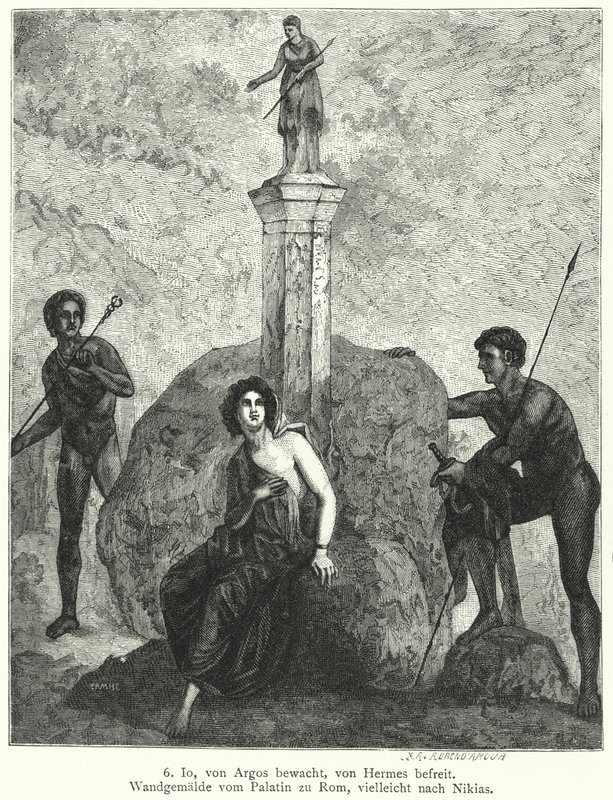 Io, bewacht von Argus Panoptes auf Befehl der Göttin Hera, beobachtet von Hermes, gesandt von Zeus, um sie zu entführen, römisches Wandgemälde (Stich) von German School