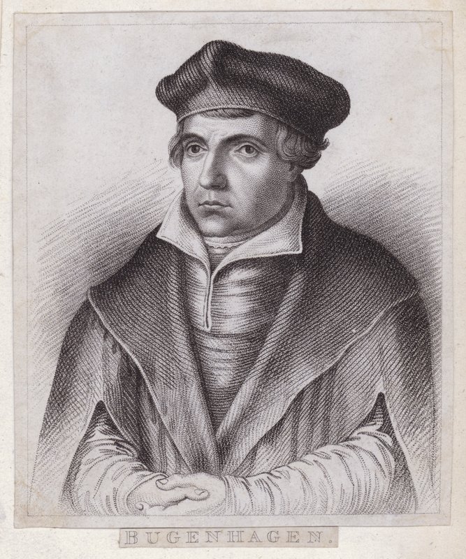 Johannes Bugenhagen (Doctor Pomeranus), deutscher Priester und Theologe, der die protestantische Reformation nach Pommern und Dänemark brachte (Stich) von German School