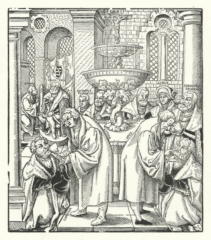 Martin Luther und Jan Hus spenden der sächsischen Königsfamilie die Heilige Kommunion von German School