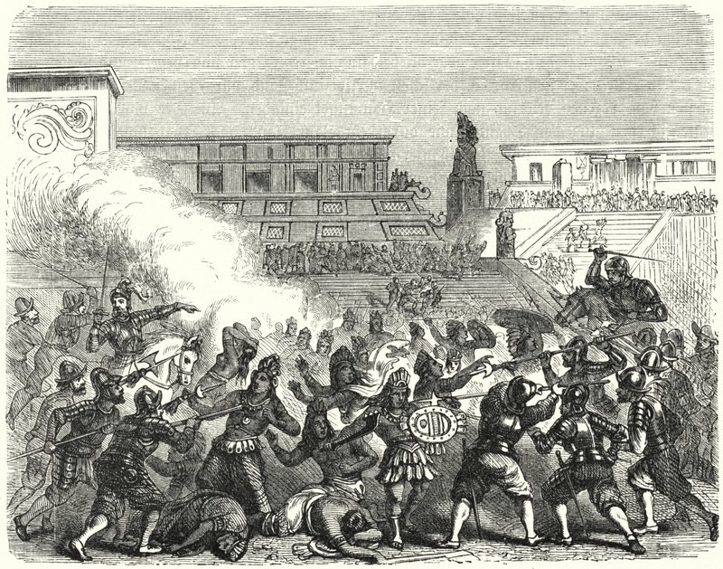 Massaker an aztekischen Kriegern und Adligen in Cholula durch die spanischen Konquistadoren von Hernan Cortes von German School