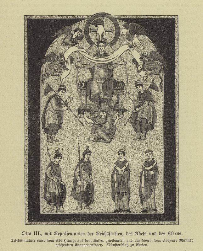 Otto III., Heiliger Römischer Kaiser, mit Vertretern der Fürsten, des Adels und des Klerus von German School