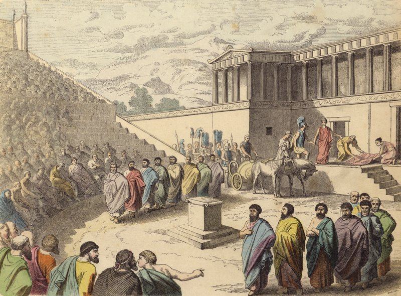 Aufführung des Stücks Agamemnon in einem Theater im antiken Griechenland von German School