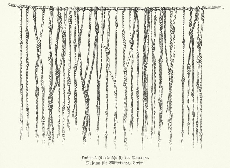 Quipu, Mittel zur Aufzeichnung von Informationen mit geknüpften Schnüren, verwendet von den Völkern der Anden in Südamerika (Lithografie) von German School