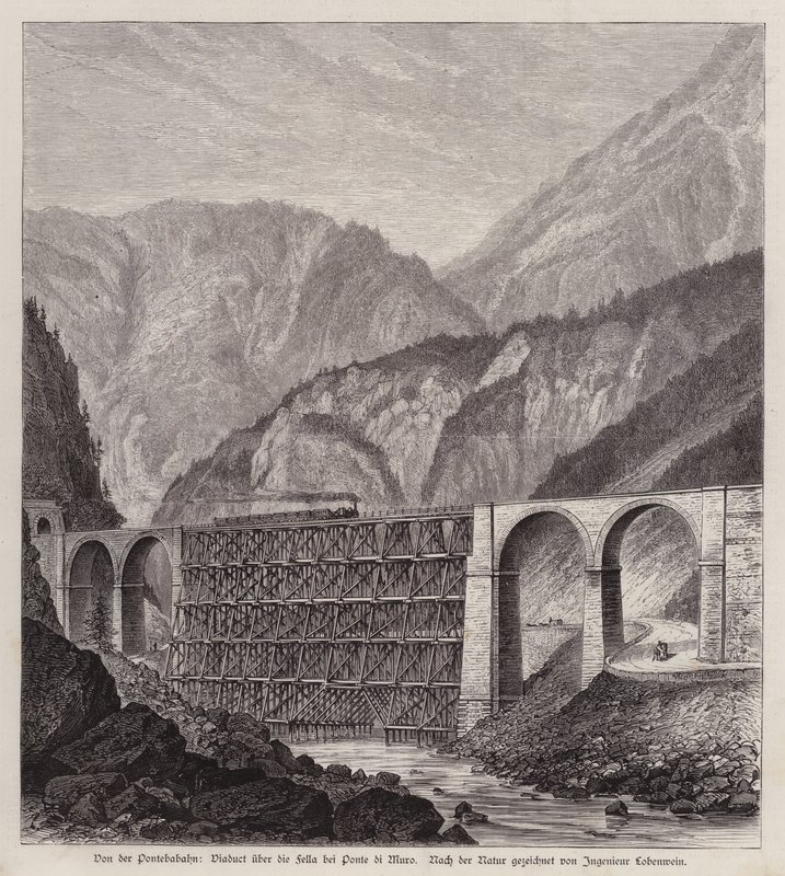 Eisenbahnviadukt über den Fluss Fella bei Ponte di Muro, Friaul, Italien (Stich) von German School