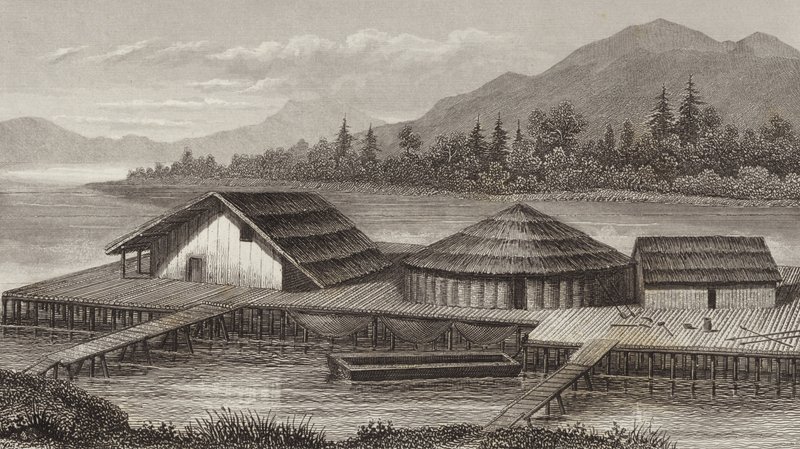 Rekonstruktion eines antiken Pfahlbaudorfes. Illustration für Bilder-Atlas (Stich) von German School