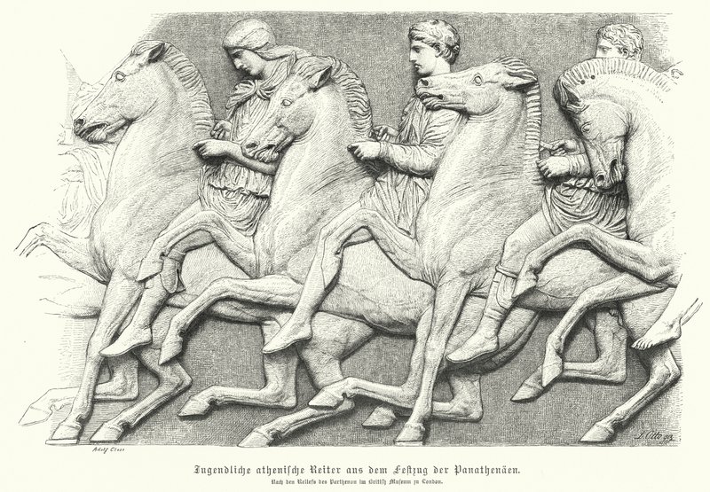 Relief vom Parthenonfries, das athenische Jugendliche auf Pferden darstellt von German School