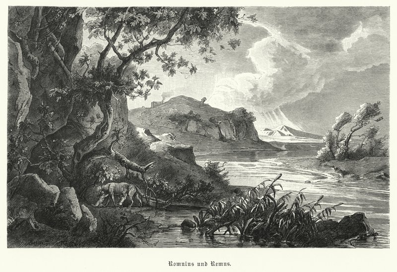 Romulus und Remus, legendäre Gründer des antiken Rom, von der Wölfin in der Wildnis gesäugt von German School